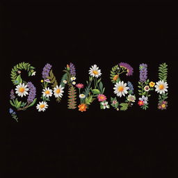 The word 'SMASH' filled with an intricate embroidery pattern of wildflowers, featuring daisies, lavender sprigs, leaves, and ferns