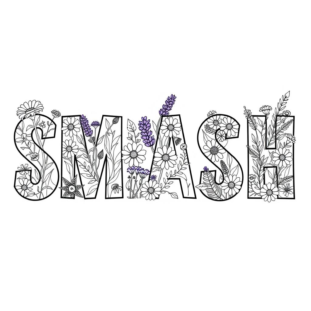 The word 'SMASH' filled with a variety of wildflowers within each letter, including daisies, lavender sprigs, leaves, and ferns