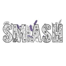 The word 'SMASH' filled with a variety of wildflowers within each letter, including daisies, lavender sprigs, leaves, and ferns