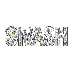 The word 'SMASH' filled with a variety of wildflowers within each letter, including daisies, lavender sprigs, leaves, and ferns