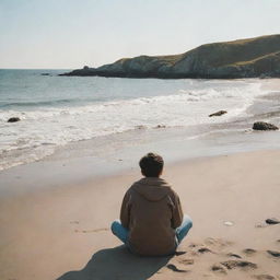 A thoughtful individual seated on a scenic seashore, lost in a world of nostalgic childhood memories, surrounded by images of their past.