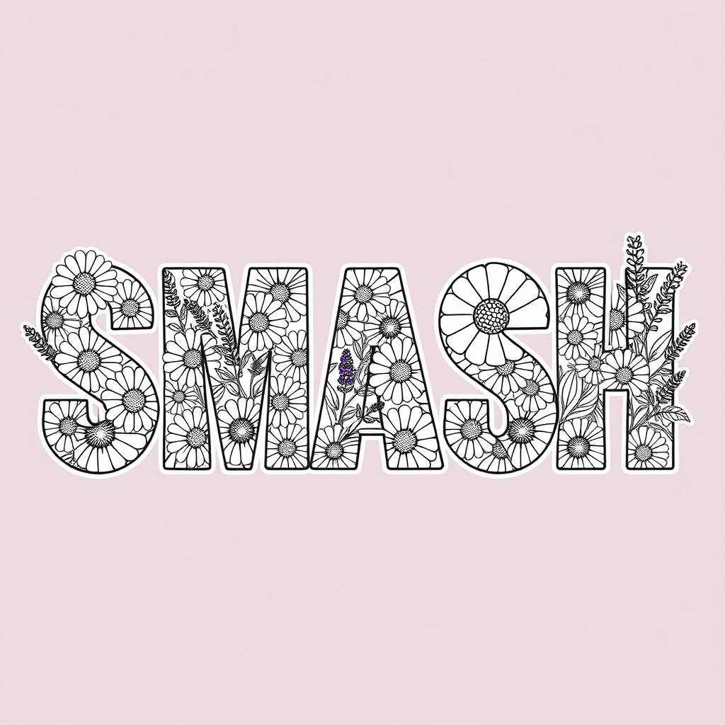 The word 'SMASH' filled with a variety of daisies, lavender sprigs, and leaves within each letter