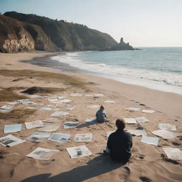 A thoughtful individual seated on a scenic seashore, lost in a world of nostalgic childhood memories, surrounded by images of their past.