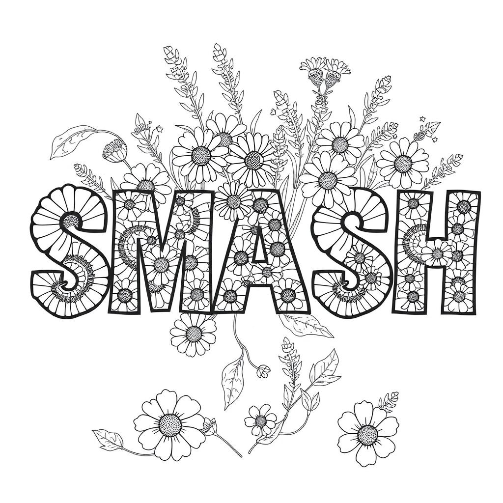 The word 'SMASH' filled with a variety of daisies, lavender sprigs, and leaves within each letter