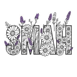 The word 'SMASH' filled with a variety of daisies, lavender sprigs, and leaves within each letter