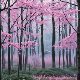 A picturesque Japanese forest with a soft pink hue, where delicate leaves are gently falling, creating a serene atmosphere