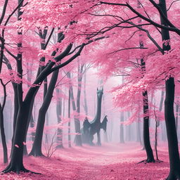 A picturesque Japanese forest with a soft pink hue, where delicate leaves are gently falling, creating a serene atmosphere