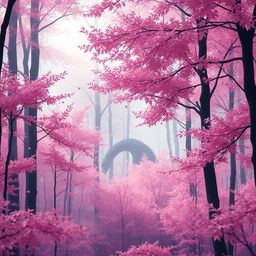 A picturesque Japanese forest with a soft pink hue, where delicate leaves are gently falling, creating a serene atmosphere