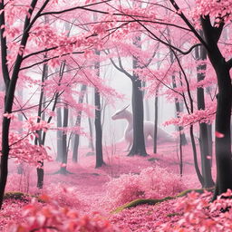 A picturesque Japanese forest with a soft pink hue, where delicate leaves are gently falling, creating a serene atmosphere