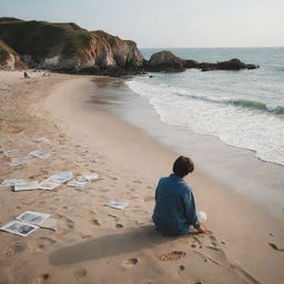 A thoughtful individual seated on a scenic seashore, lost in a world of nostalgic childhood memories, surrounded by images of their past.