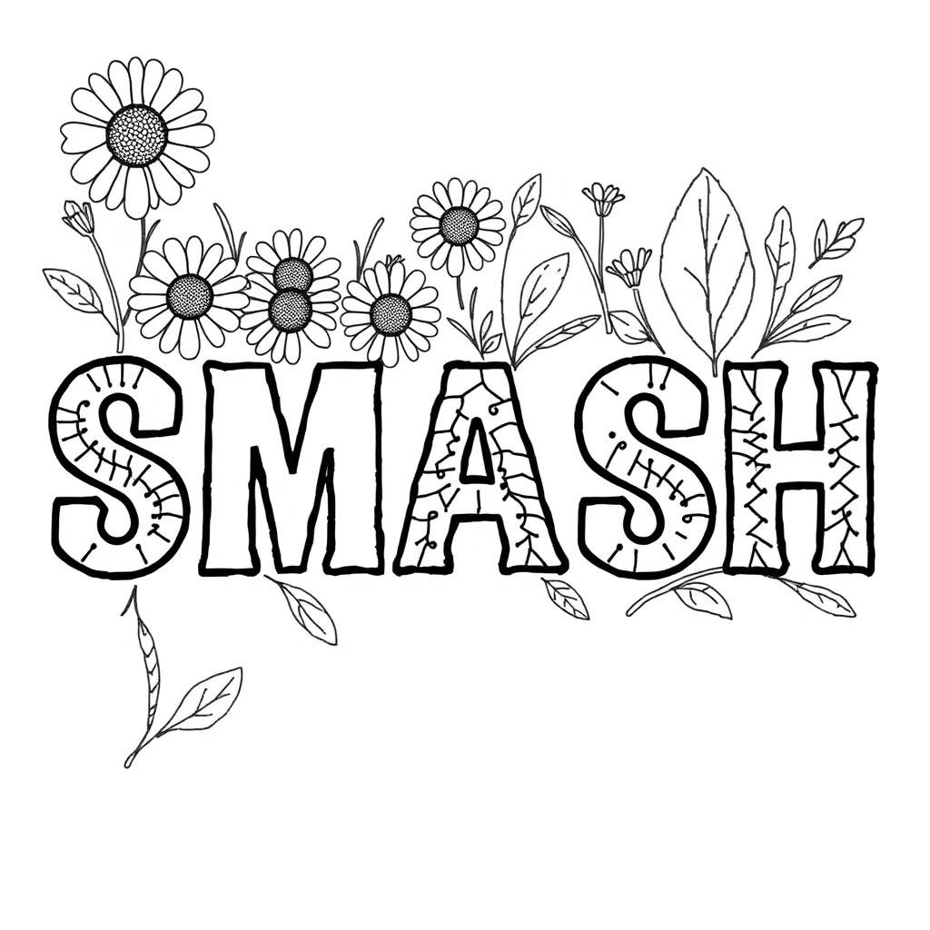 The word 'SMASH' filled with a variety of lazy daisies, cone flowers, woven wheels, and leaves, designed in an embroidery pattern style