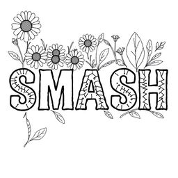 The word 'SMASH' filled with a variety of lazy daisies, cone flowers, woven wheels, and leaves, designed in an embroidery pattern style