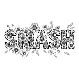 The word 'SMASH' filled with a variety of lazy daisies, cone flowers, woven wheels, and leaves, designed in an embroidery pattern style