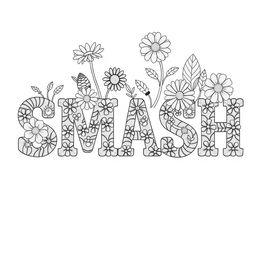 The word 'SMASH' filled with a variety of lazy daisies, cone flowers, woven wheels, and leaves, designed in an embroidery pattern style