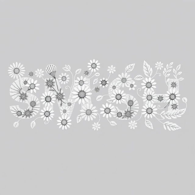 The word 'SMASH' filled with a variety of lazy daisies, cone flowers, woven wheels, and leaves, designed in an embroidery pattern style