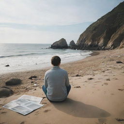 A thoughtful individual seated on a scenic seashore, lost in a world of nostalgic childhood memories, surrounded by images of their past.