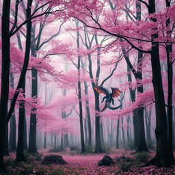 A picturesque Japanese forest with a soft pink hue, where delicate leaves are gently falling, creating a serene atmosphere