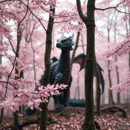 A picturesque Japanese forest with a soft pink hue, where delicate leaves are gently falling, creating a serene atmosphere