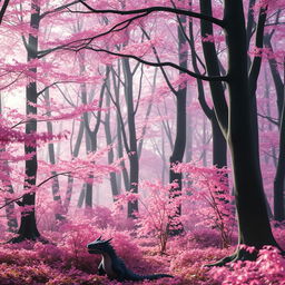 A picturesque Japanese forest with a soft pink hue, where delicate leaves are gently falling, creating a serene atmosphere