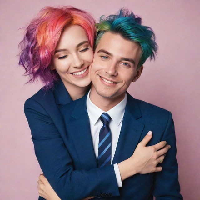 A stylish, handsome man in a suit warmly hugging a cheerful femboy with colorful hair, both displaying a sense of comfort and friendship.