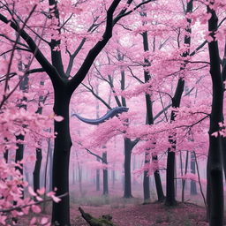 A picturesque Japanese forest with a soft pink hue, where delicate leaves are gently falling, creating a serene atmosphere