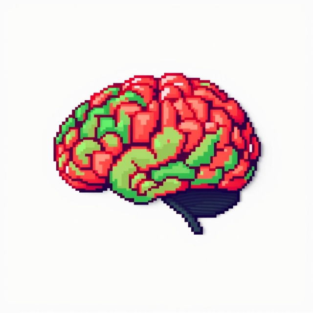 Pixel art of a brain in vibrant red and green hues set against a plain white background