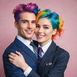 A stylish, handsome man in a suit warmly hugging a cheerful femboy with colorful hair, both displaying a sense of comfort and friendship.