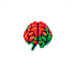 Pixel art of a brain in vibrant red and green hues set against a plain white background