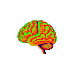 Pixel art of a brain in vibrant red and green hues set against a plain white background