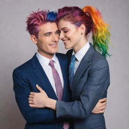 A stylish, handsome man in a suit warmly hugging a cheerful femboy with colorful hair, both displaying a sense of comfort and friendship.