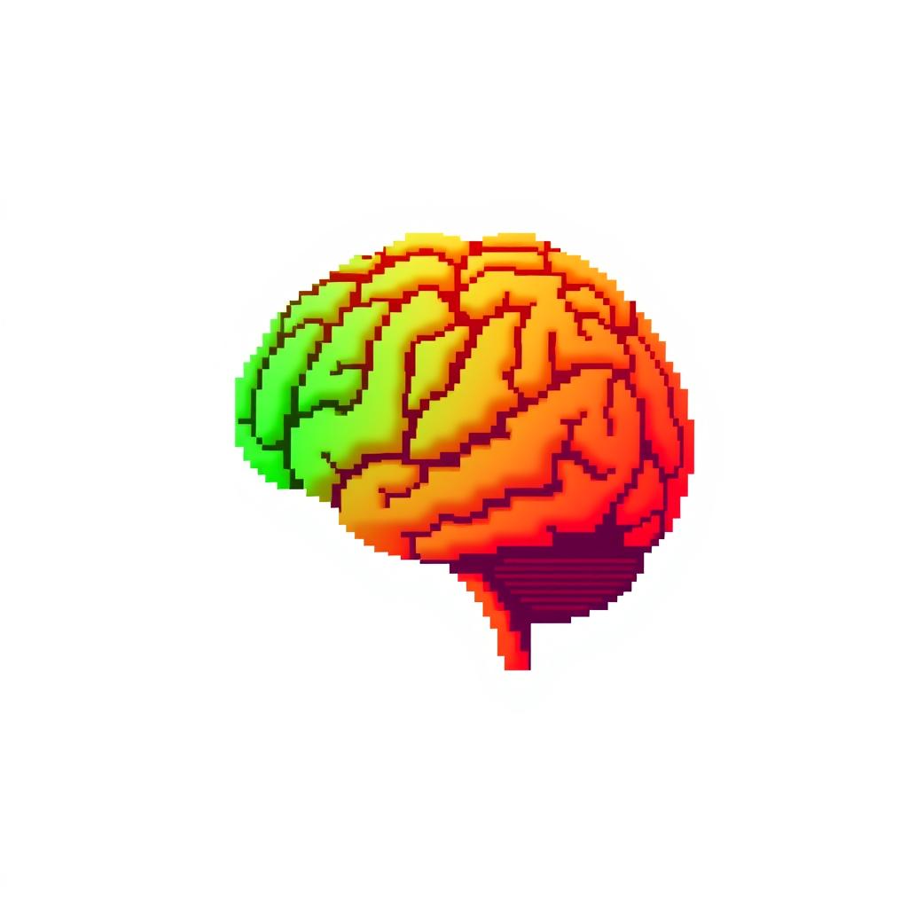 Pixel art of a brain with a gradient blend from red to green against a white background