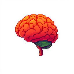 Pixel art of a brain with a gradient blend from red to green against a white background