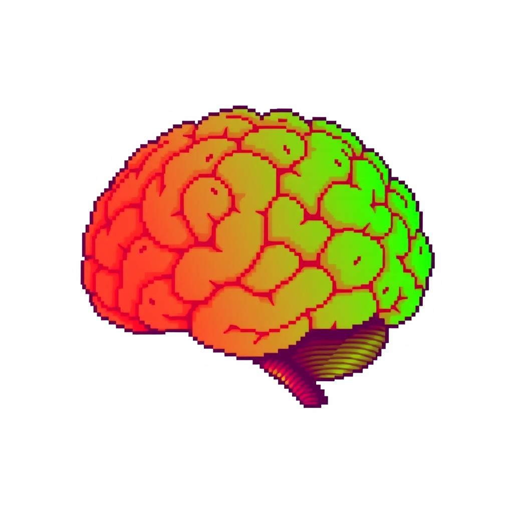 Pixel art of a brain with a gradient blend from red to green against a white background