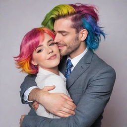 A stylish, handsome man in a suit warmly hugging a cheerful femboy with colorful hair, both displaying a sense of comfort and friendship.