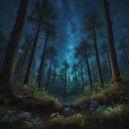 An illuminated bioluminescent forest under a starry night sky, with unique and vibrant glowing flora and fauna.