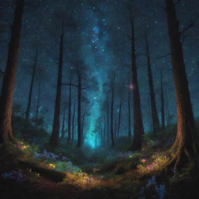 An illuminated bioluminescent forest under a starry night sky, with unique and vibrant glowing flora and fauna.