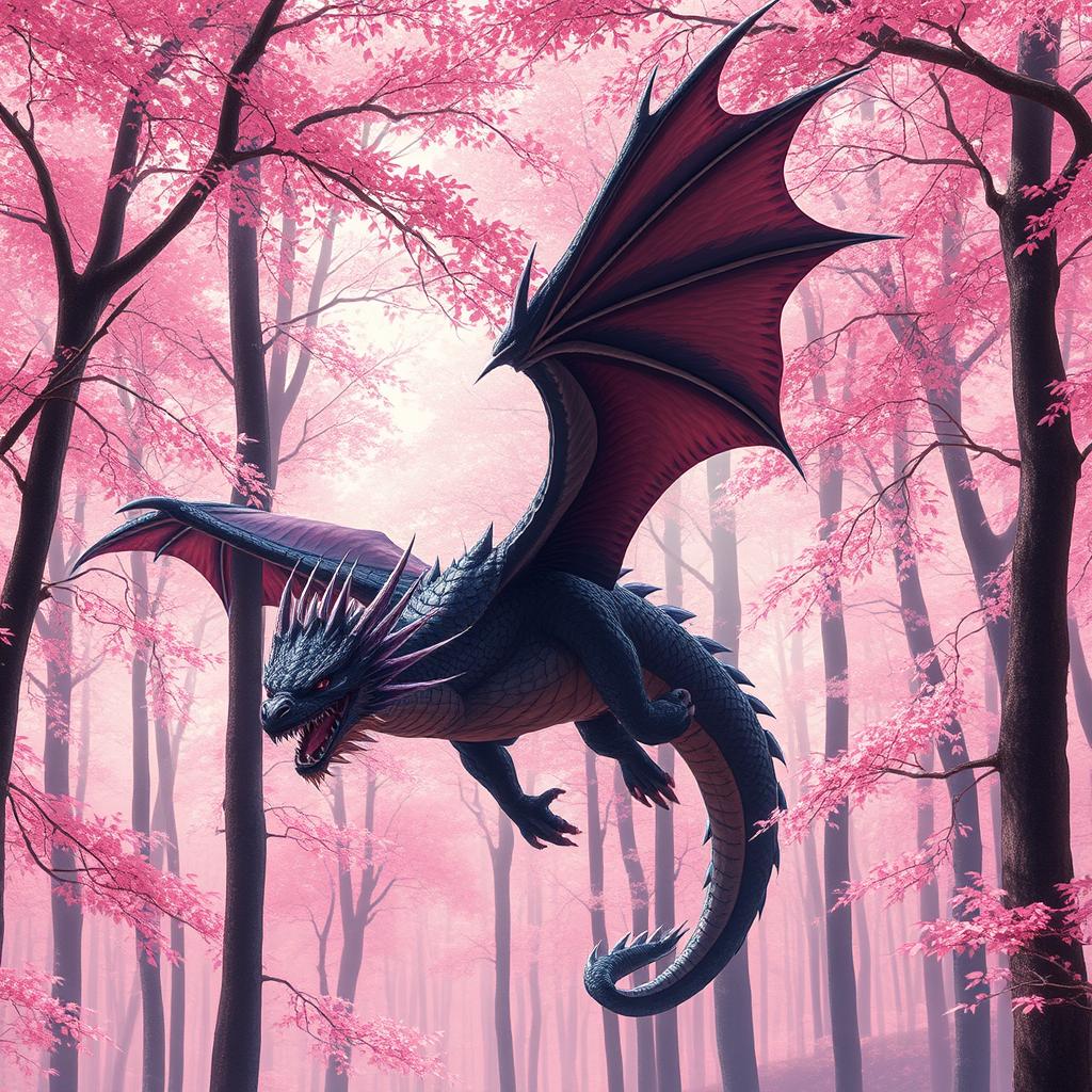 In an expansive landscape of a Japanese forest with a gentle pink hue, a larger and more prominent dragon majestically flies among the trees