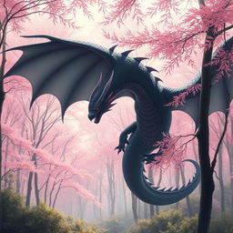 In an expansive landscape of a Japanese forest with a gentle pink hue, a larger and more prominent dragon majestically flies among the trees