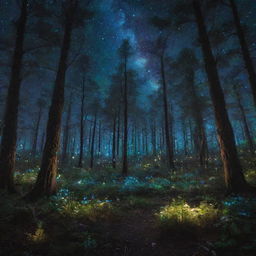 An illuminated bioluminescent forest under a starry night sky, with unique and vibrant glowing flora and fauna.