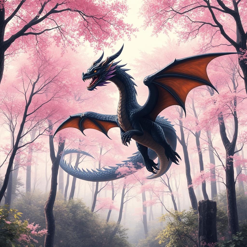 In an expansive landscape of a Japanese forest with a gentle pink hue, a larger and more prominent dragon majestically flies among the trees