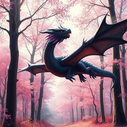 In an expansive landscape of a Japanese forest with a gentle pink hue, a larger and more prominent dragon majestically flies among the trees