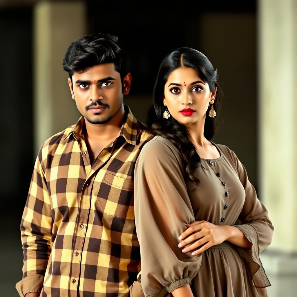 An Indian man in his 20s with short hair wearing a checked long-sleeved shirt, standing next to an Indian woman in her 20s wearing a stylish frock