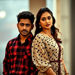 An Indian man in his 20s with short hair wearing a checked long-sleeved shirt, standing next to an Indian woman in her 20s wearing a stylish frock