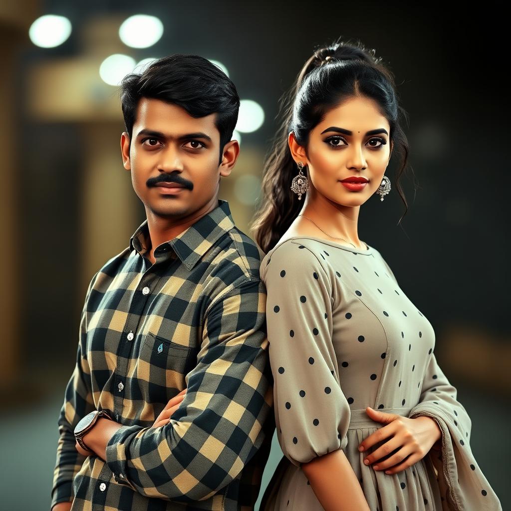 An Indian man in his 20s with short hair wearing a checked long-sleeved shirt, standing next to an Indian woman in her 20s wearing a stylish frock