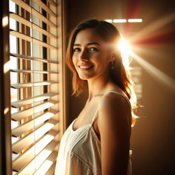 A young European woman stands parallel to a window, smiling as she looks out