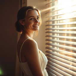 A young European woman stands parallel to a window, smiling as she looks out