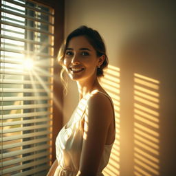 A young European woman stands parallel to a window, smiling as she looks out