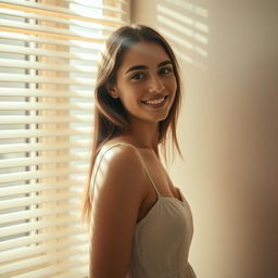 A young European woman stands parallel to a window, smiling as she looks out