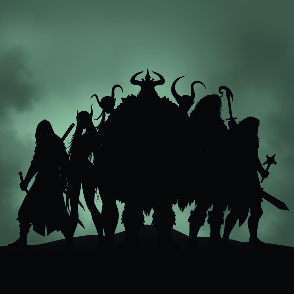 Silhouettes of a diverse fantasy group consisting of a ninja, a cleric, two elves, a burly warrior, a cunning trickster, and a human warrior