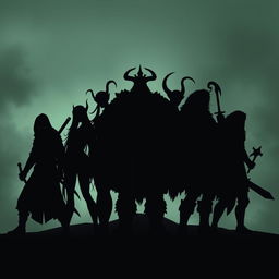 Silhouettes of a diverse fantasy group consisting of a ninja, a cleric, two elves, a burly warrior, a cunning trickster, and a human warrior